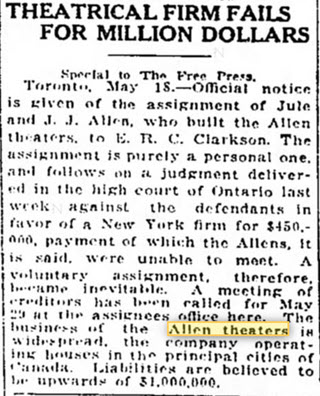 Allen Theatre - MAY 1922 ALLEN THEATER CIRCUIT FAILS